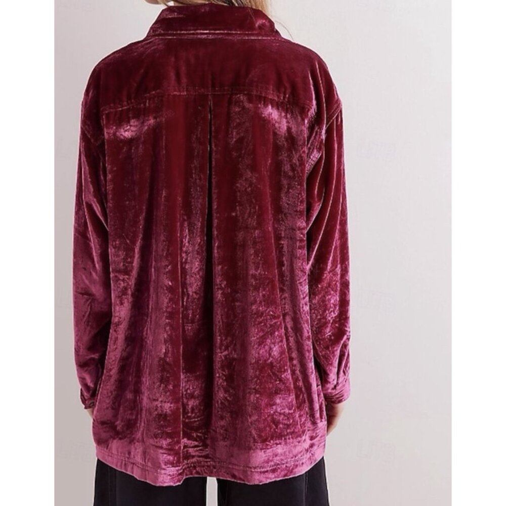 Free People We The Free Rhododendron Off Duty Velvet Shirt XS Oversized Burgundy - Picture 2 of 14